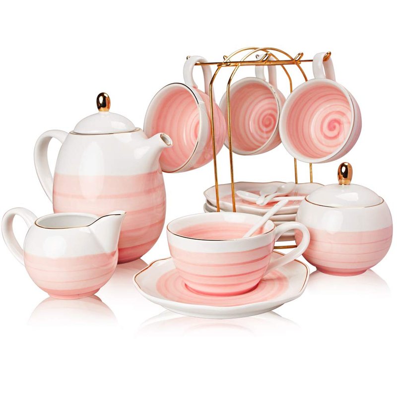 Sweejar Porcelain Tea Sets, 8 OZ Cups & Saucer Service for 4, Teapot Sugar Bowl Cream Pitcher Teaspoons and Tea Strainer for Adult Tea Coffee Afternoon Party (Pink)