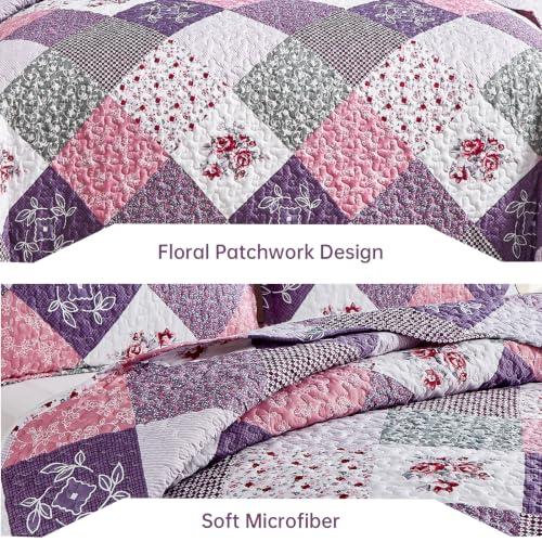 Dinjoy Purple Patchwork Quilt Set Queen - 3 Piece Microfiber Bedspread