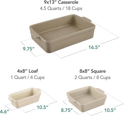 Best Choice Products 3-Piece Ceramic Bakeware Set - Stoneware Casserole & Baking Dishes | Mushroom Beige, 9x12 & 8x8 Sizes