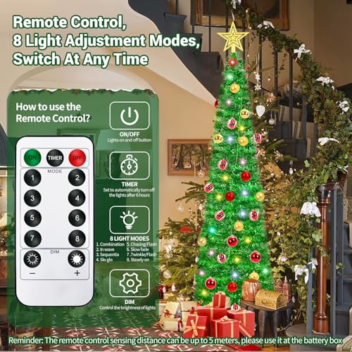 HISFFOG 5ft Prelit Green Tinsel Artificial Christmas Tree with 8 Light Modes & Remote