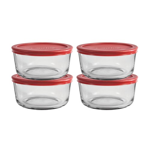 Anchor Hocking 4 Cup Glass Storage Containers with Lids, Set of 4 Glass Food Storage Containers with Red SnugFit Lids