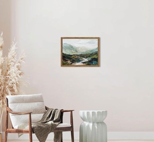 Framed 3D Textured Mountain Wall Art - Abstract Green Landscape Decor | Hand-Drawn Sandstone Aesthetic 12x16 Inch