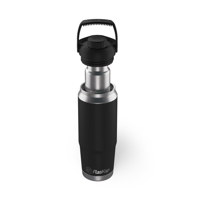 Flaskap FreePour System: 6oz Mixed Drink Tumbler Attachment and 26oz Cup Holder Friendly, Stainless Steel Water Bottle, Removable Hidden Flask Reservoir