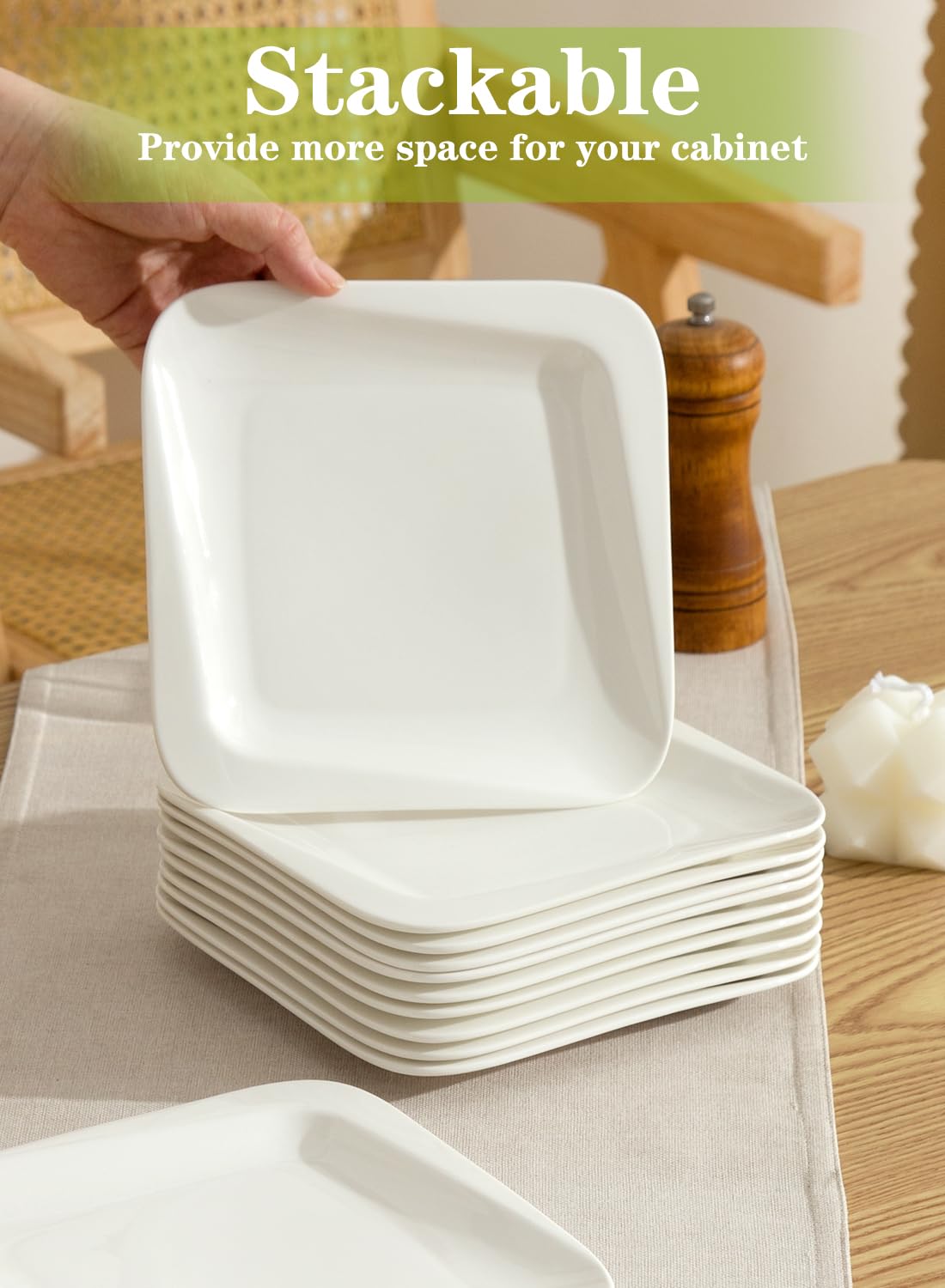 TAMAYKIM 7.3 Inch Porcelain Dessert Plates 10 Pieces, Appetizer Plates, Square Salad Dinnerware Sets, Scratch Resistant, Microwave, Oven and Dishwasher Safe, White