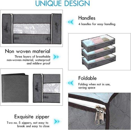 JERIA Underbed Storage Bags - 100L Organizer with 4 Handles & 2 Zippers | Foldable Clear Window (40" L x 20" W x 7" H)