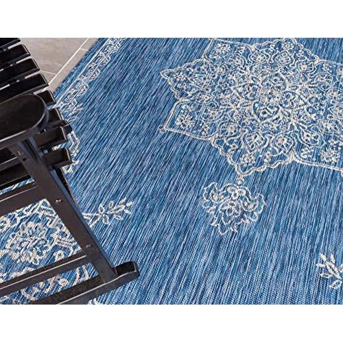 Unique Loom Outdoor Traditional Collection Area Rug - Antique (4' 1" Round, Blue/ Gray)