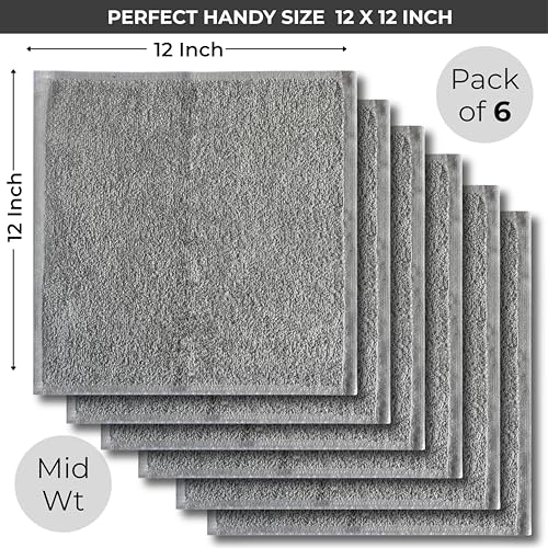 Gray 100% Cotton Washcloths 12"x12" - 6 Pack Soft Absorbent Bath Rags