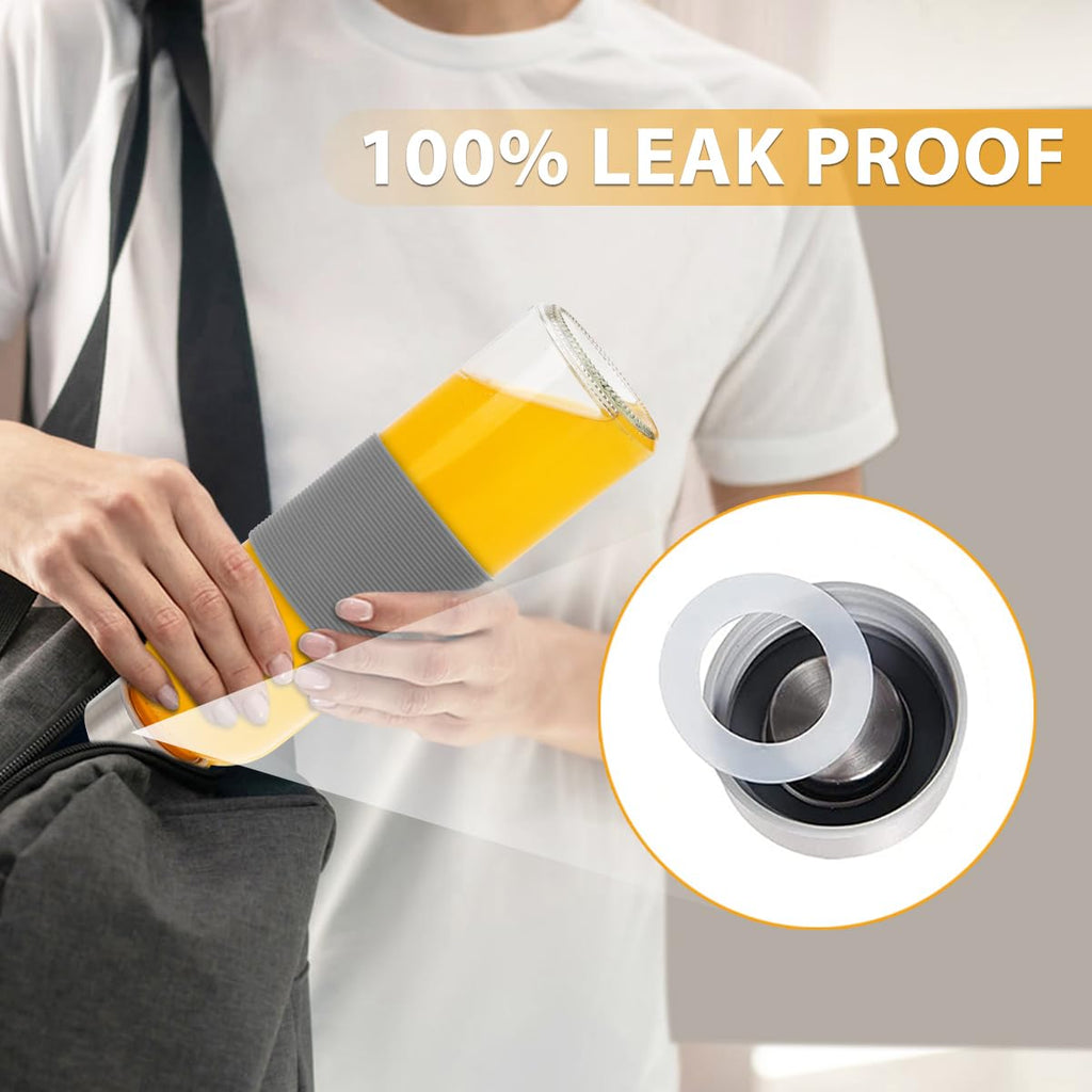 PROBTTL 18 oz Glass Juice Bottles with Lids – Refillable Clear Glass Water Bottles with Stainless Steel Airtight Caps, Dishwasher Safe, Reusable Drinking Juice Containers (6-Pack, With Sleeves)