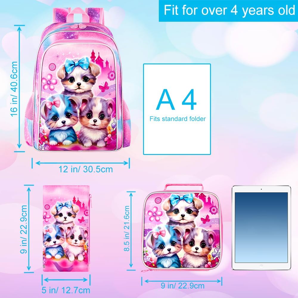 gxtvo 3PCS Girls Dog Bookbag, 16" Kids Backpackwith Lunch Box, Water Resistant School Bag for Elementary Preschool Toddler