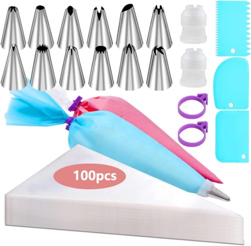 100Pcs Disposable Piping Bags Set by [Brand Name] - 12 Inch Pastry Bags with 16 Frosting Tips & Accessories
