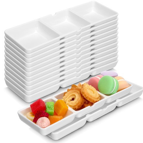 Eaasty 24 Pcs 8.7 x 2.8 Inch 3 Compartment Appetizer Serving Tray Plastic 3 Section Dessert Platters Rectangular Divided Plate White Compartment Serving Dishes Dipping Sauces Dinner Kitchen