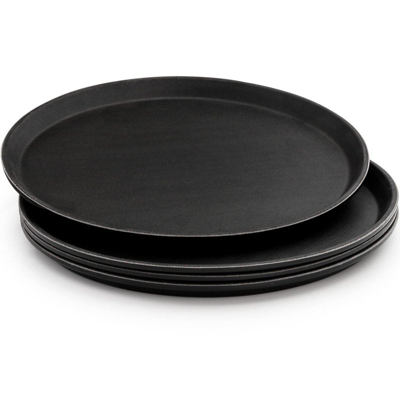 TOPZEA 4 Pack 14 Inch Round Restaurant Serving Tray, Fiberglass Non-Slip Rubber Lined Black Server Trays Commercial Grade Bar Service Tray for Restaurant, Kitchen, Cafeteria, Catering, Easy Clean