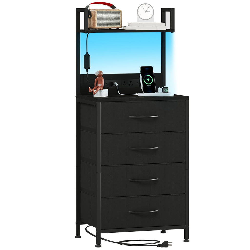 Somdot Black Nightstand with Charging Station and LED Lights, Bedside Table Tall Night Stand with 4 Fabric Drawers and Top Shelf for Bedroom Guest Room Dorm Hallway