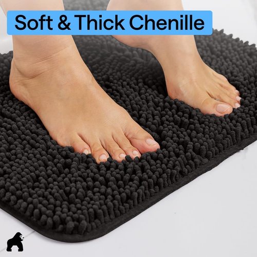 GORILLA GRIP Bath Rug Mat - Thick Soft Absorbent Chenille | Quick Dry Microfiber 36x24 Black
