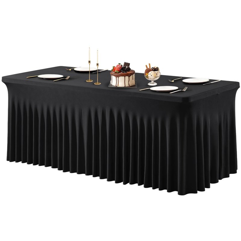 PARTISKY 4 Pack Black Spandex Table Cover with Skirt - 6ft Rectangle One-Piece Stretch Tablecloth for Wedding, Banquet, Birthday Party, Trade Shows & Foldable Tables