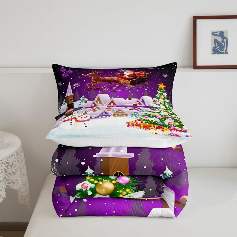 Manfei Xmas Comforter Set King Size, Snowman Christmas Tree Bedding Set 3pcs for Kids Boys Girls Room Decor, Santa Claus with Reindeer Quilt Set New Year Theme Duvet Set with 2 Pillowcases