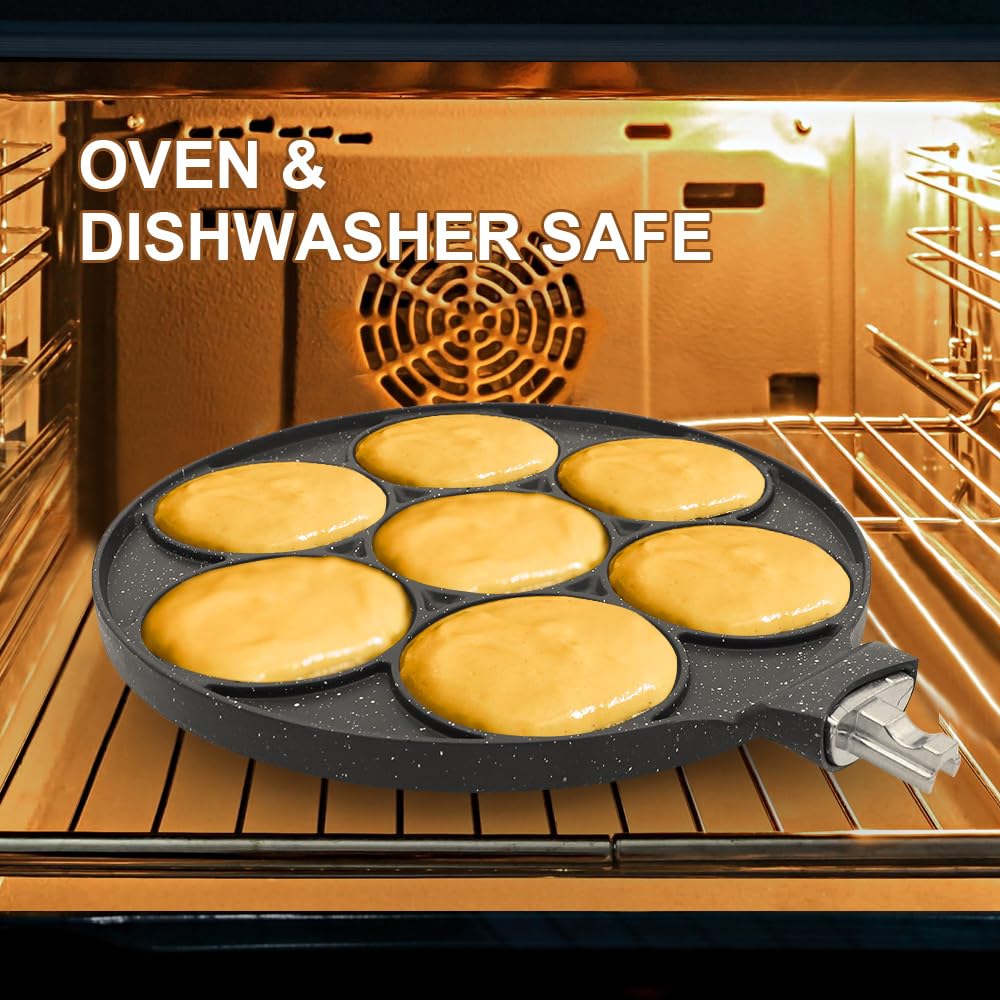 RANX INGST Pancake Pan 7 Holes, Non Stick Mini Crepe Pan with Detachable Handle, Pancake Mold for Kids, Oven Safe, Black