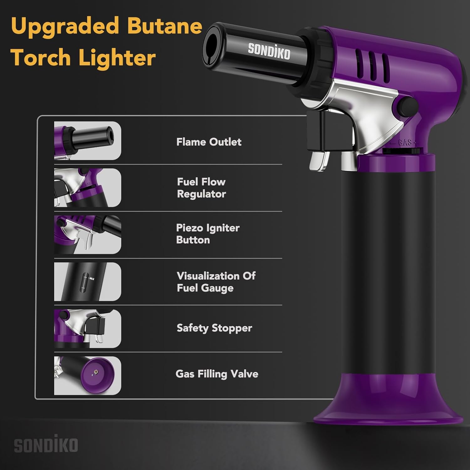 Sondiko Butane Torch - Refillable Soldering Lighter with Adjustable Flame | Purple & Black Design
