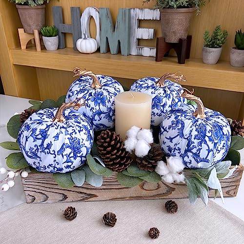 Set of 4 Blue and White Fabric Pumpkins - Chinoiserie Fall Table Decor