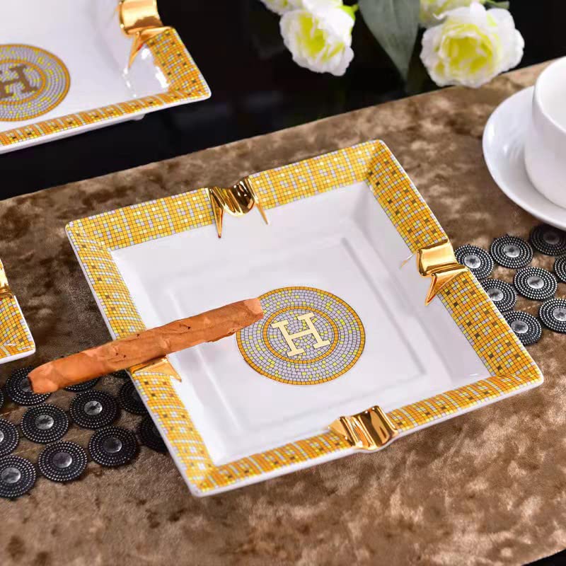 Ceramic Cigar Ashtray for 4 Cigars, 8-Inch Square Decorative Ash Tray