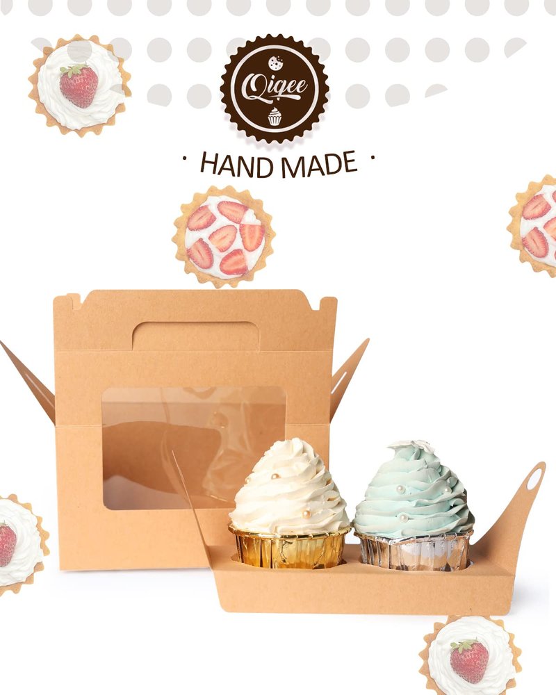qiqee Black Cupcake Box Two Holder 6.5x3.6x3.5inch(2.2" Top) 50pcs 2 Cupcake Boxes With Window