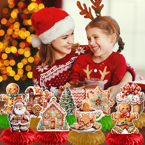 Christmas Gingerbread Honeycomb Centerpieces - 9 Pack Holiday Party Decorations