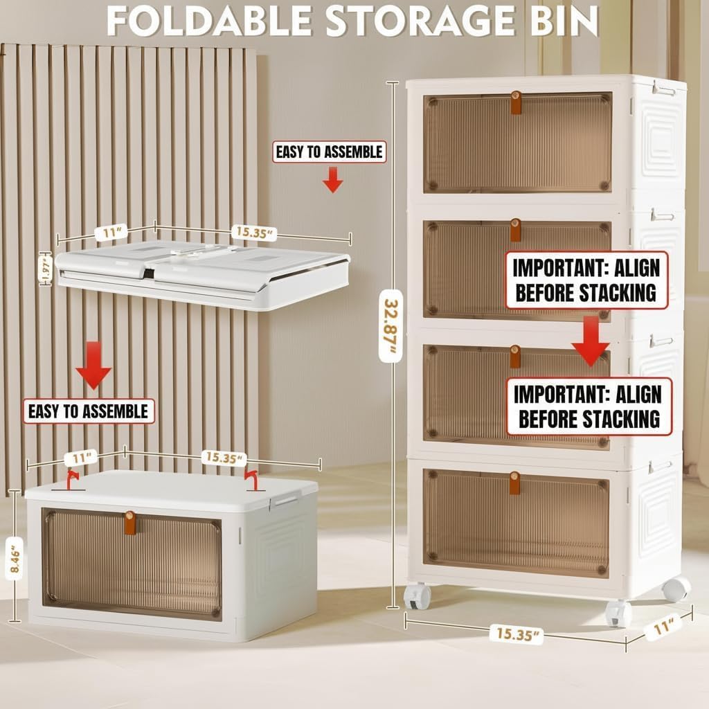 YFXCVSL 4-Tier Plastic Storage Bins - Stackable 23QT Containers with Lid & Wheels | Ideal for Home & Office
