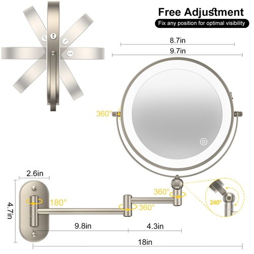 IMIKONA 9" Wall Mounted Lighted Makeup Mirror,4000mAh Rechargeable Double Sided 1X/10X Magnifying Mirror with Light,3 Color Lights,Touch Dimmable,Extended Arm 360 Rotation Wall Mounted Makeup Mirror