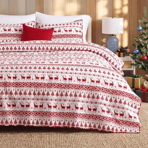 CAROMIO Queen Size Christmas Quilt Set 90x96 White/Red Holiday Bedding
