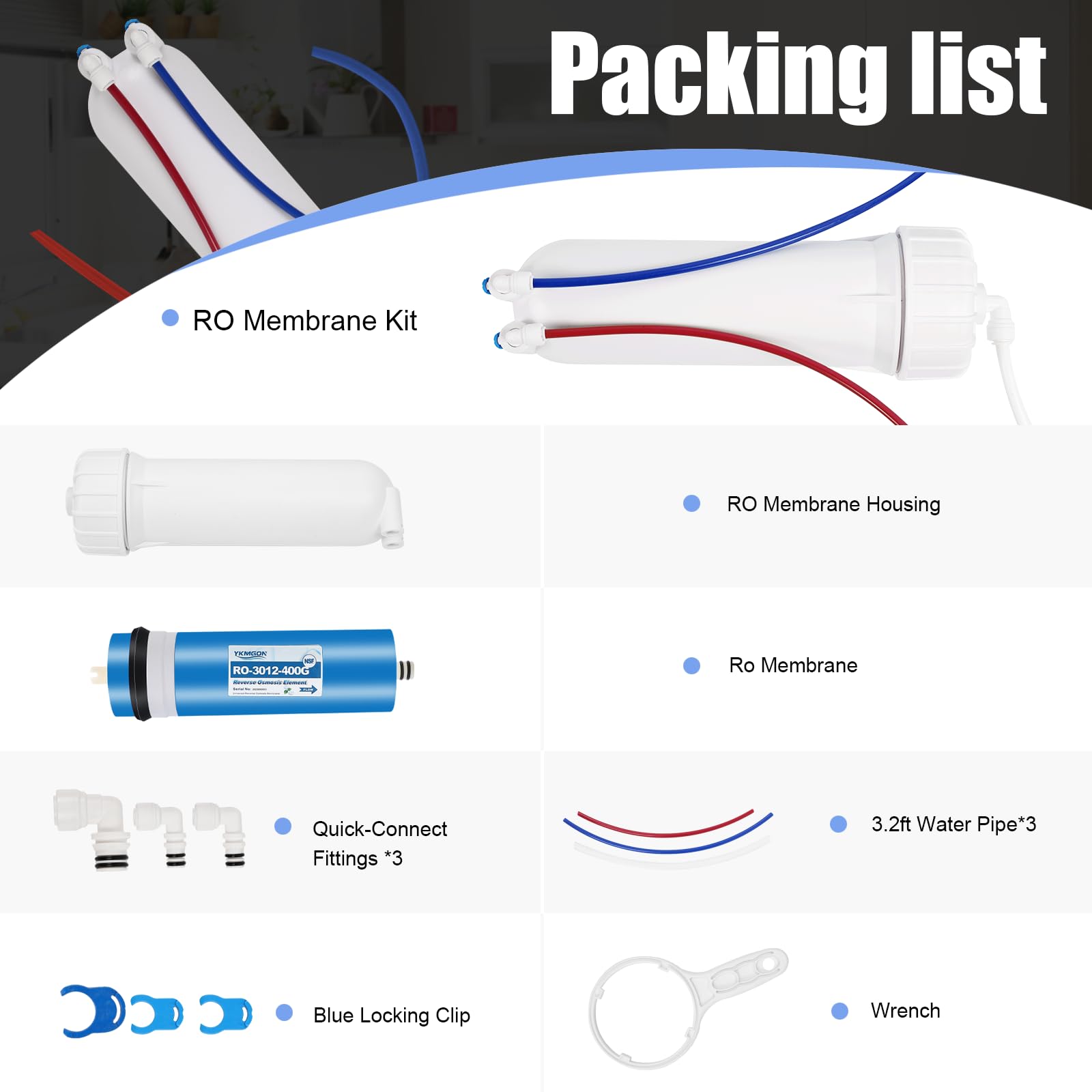 YKMGON 400GPD Reverse Osmosis Membrane Kit with RO Membrane Housing,Wrench,Quick-Connect Fittings,Check Valve and Water Pipe Replacement for Under Sink Home Drinking RO Water Filter System
