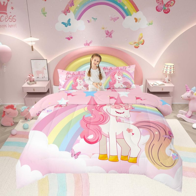 Erosebridal Unicorn Queen Comforter Set for Girls Kids Rainbow Princess Pink Unicorn Bedding Set Teens Adult Kawaii Cute Castle Stars Bed Sets Cartoon Horse Reversible Quilt Fantasy Girls Room Decor