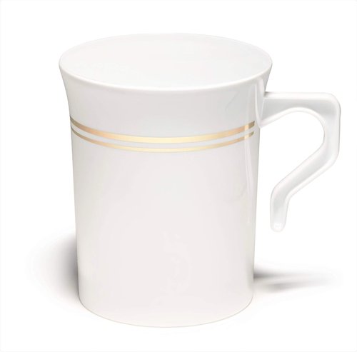 " OCCASIONS " 40 Mugs Pack, Heavyweight Disposable Wedding Party Plastic 8 oz Coffee Mugs/Tea Cups/Cappuccino Cups/Espresso Cup with Handles (8 oz Coffee, White & Gold Rim)