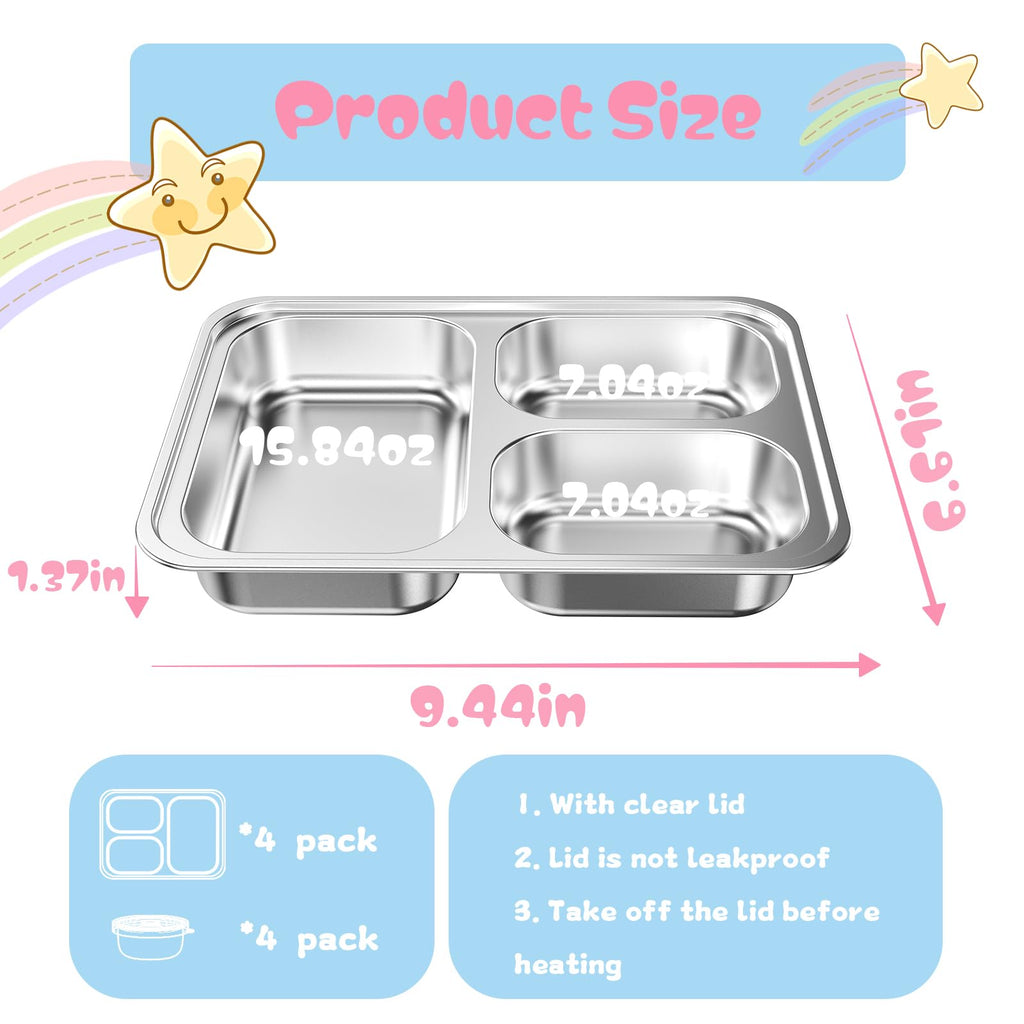 Bakpoco Stainless Steel Divided Plate for Kids Toddler, Non Toxic Portion Control Plate Dinner Plate with Lid for Adults Weight Loss, 4 Pack 3 Sections Rectangular Snack Plate Tray