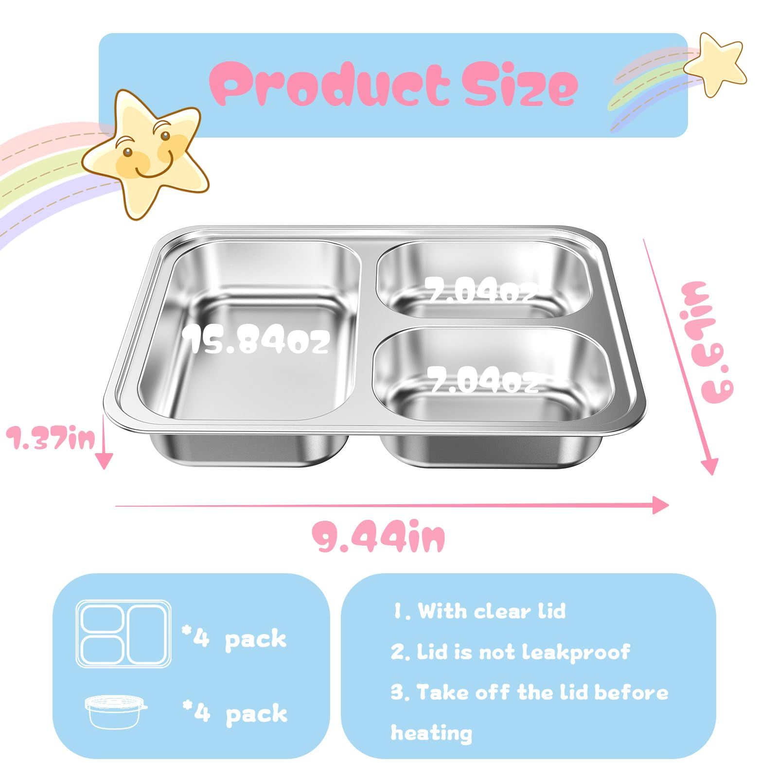 Bakpoco Stainless Steel Divided Plate for Kids Toddler, Non Toxic Portion Control Plate Dinner Plate with Lid for Adults Weight Loss, 4 Pack 3 Sections Rectangular Snack Plate Tray