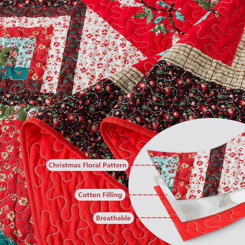 Christmas California King Size Quilt Set - Cotton Bedspreads, Festive Floral Print