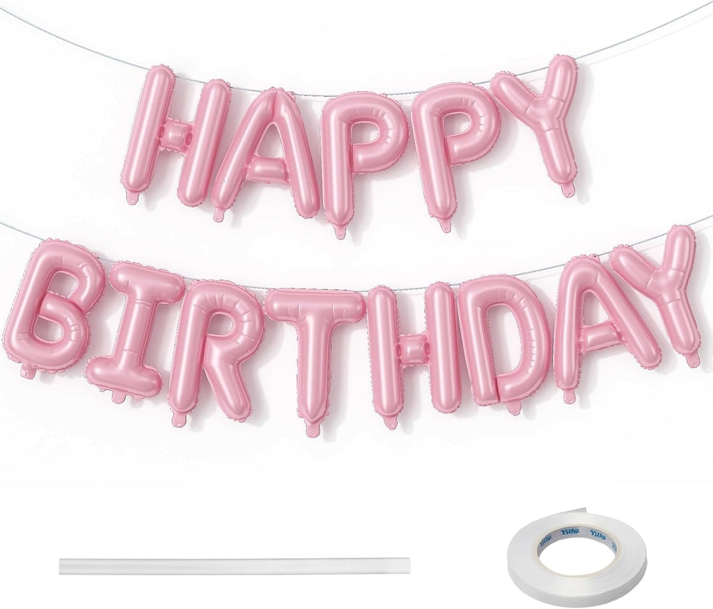Skiennix Pink Happy Birthday Balloon Banner - 16 Inch Pastel Pearl Mylar Foil Balloons for Party Decor