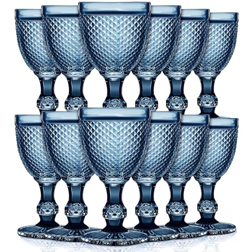 12-Piece Vintage Blue Glass Goblet Set, 10 oz Embossed Diamond Wine Glasses
