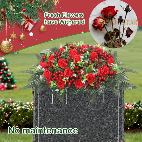 Christmas Cemetery Saddle Flowers 20in Roses & Red Berries for Headstones
