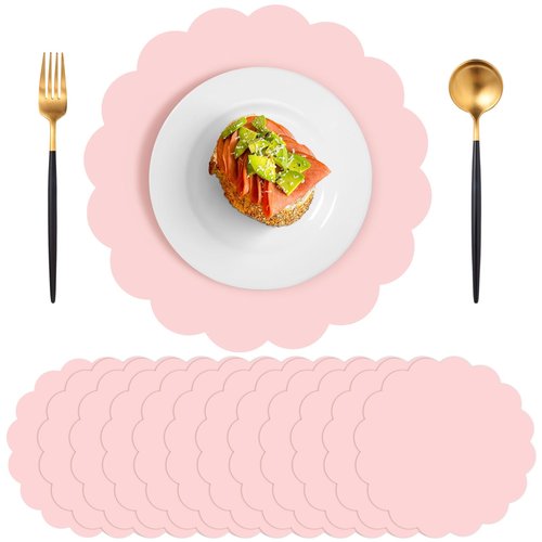 120 Pcs Light Pink Paper Placemats, 13.5 Inch Disposable Scalloped Easter Placemat Round Table Place Mats Decorative Paper for Birthday Wedding Bridal Shower Baby Shower Banquet Tea Party