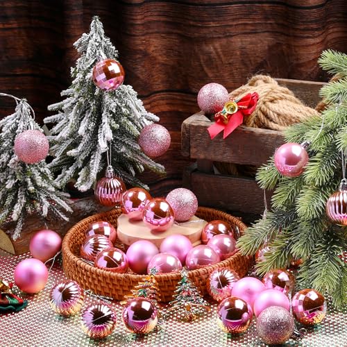 Glavatrix Pink 36-Piece 1.6in Shatterproof Christmas Ball Ornaments - Matte/Gloss/Striped, with Hooks