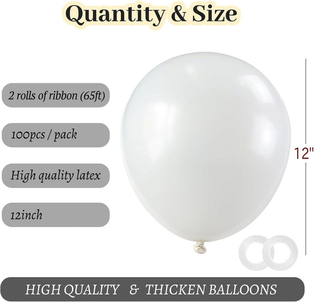 ASIYUHY White Balloons - 100 Pack 12 Inch Latex Balloons with Ribbons for Weddings & Parties