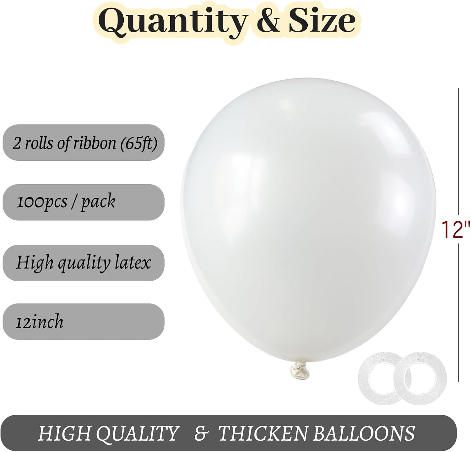 ASIYUHY White Balloons - 100 Pack 12 Inch Latex Balloons with Ribbons for Weddings & Parties