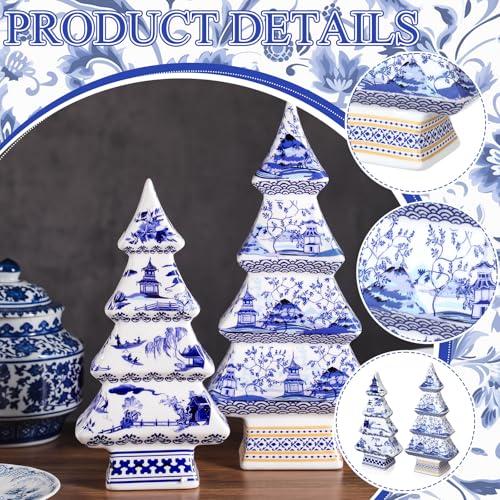 Bucherry 2 Pcs Chinoiserie Christmas Tree 12" 10" Elegant Style – Set of 2 Porcelain Trees