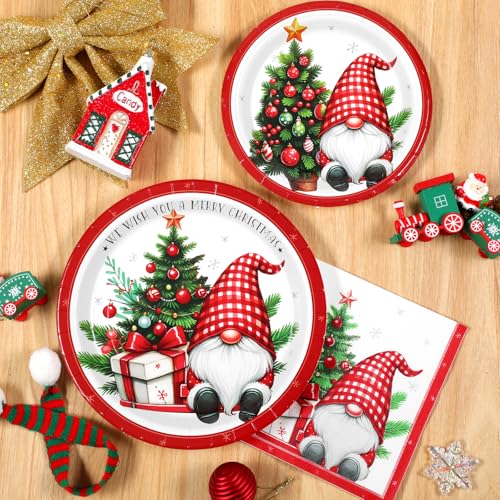 Homlouue Gnome & Christmas Tree 200-Piece Disposable Dinnerware Set - Plates & Napkins, Serve 50