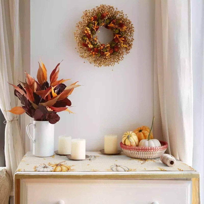 Fall Pumpkins Table Runner - 90 Inch Long, Grey Golden-yellow Pumpkin Thanksgiving Dining Table Runner Dresser Scarves, Maple Leaf Farm Harvest Decor for Coffee Table Wedding Party Banquet, 13x90 in