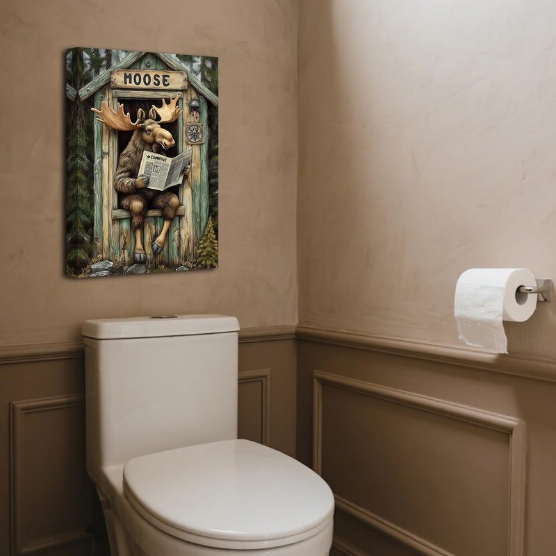 BJYCHG Moose Bathroom Wall Decor Rustic Moose In Outhouse Toilet Reading Newspaper Canvas Prints Forest Wildlife Picture Farmhouse Cabin Decor Framed (Brown, 24L x 16W)