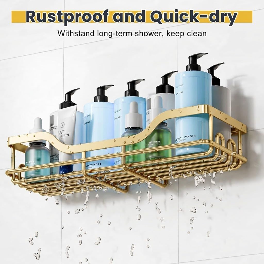 OMAIRA Shower Caddy - 3-Pack Rustproof Organizer with Soap Holder for Smooth Wall & Glass Tile (Gold)