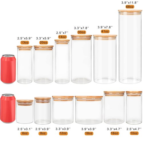 Glass Food Storage Containers Jars with Airtight Bamboo Lid 12 oz 9 pcs, 340 ml Pantry Organization Jar, Glass Terrarium with Lid, Spice, Flour and Sugar Container, Canister Set for Kitchen Counter