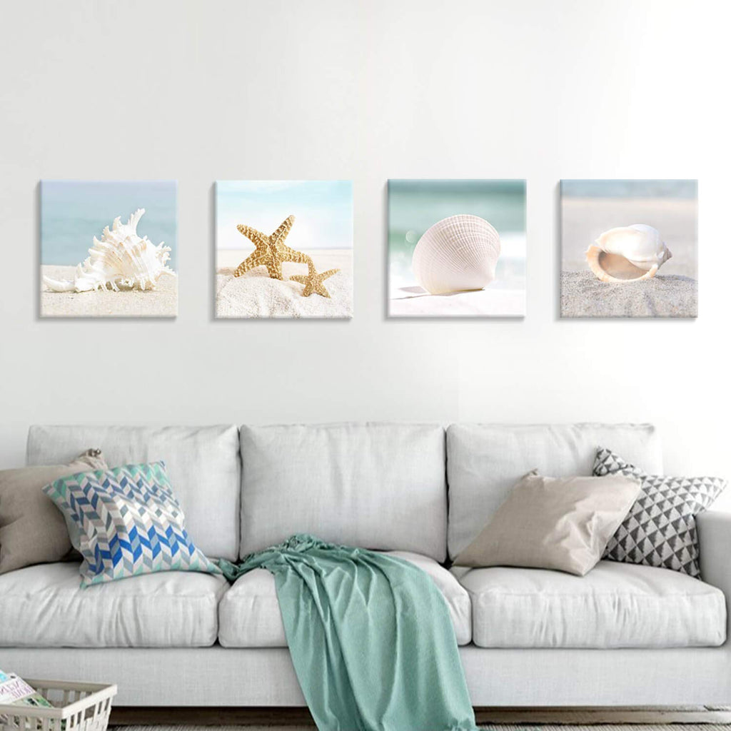 ARTISTIC PATH Starfish & Seashells Canvas Wall Art: Sandy Beach Seaside Graphic Artwork for Bathroom (16''W x 16''H x 4 Pcs,Multi-Sized)