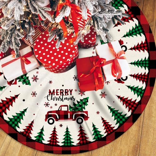 Red Buffalo Plaid Christmas Tree Skirt - 48 Inch Plush Holiday Mat